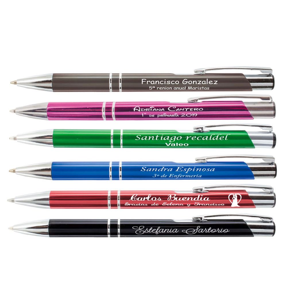 regalo grabado 24 Bolígrafos Metálicos Personalizados con Texto Individual | Pack de 24 bolígrafos metálicos con grabado láser individual en primera línea y común en segunda. Tinta azul tipo jumbo.