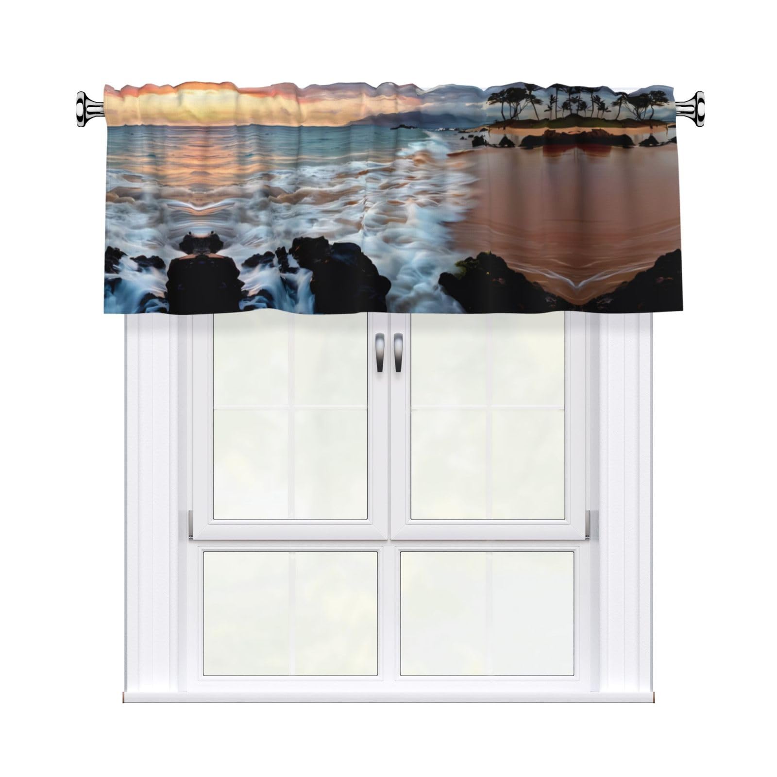 HJFCZH WHJSSF Beach Maui Hawaii Sunset Sea Waves Clouds Prints 54x18in Curtain Valance - Peach Skin Polyester Kitchen Cover with Light Filtering Floral & 3" Rod Pocket