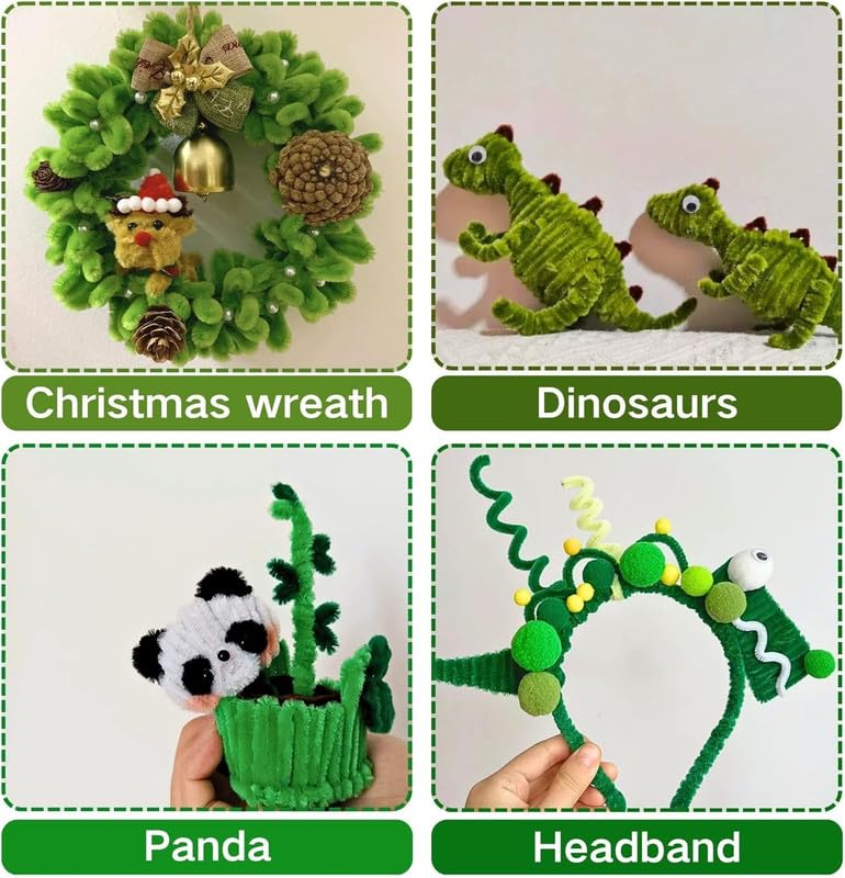 Image of 100Pcs Pipe Cleaners Craft Set | Chenille Stem Fuzzy Sticks DIY Craft Supplies for Art Projects Activities, Decorations, Flower Making, Modeling & Sculpting (Moss Green)