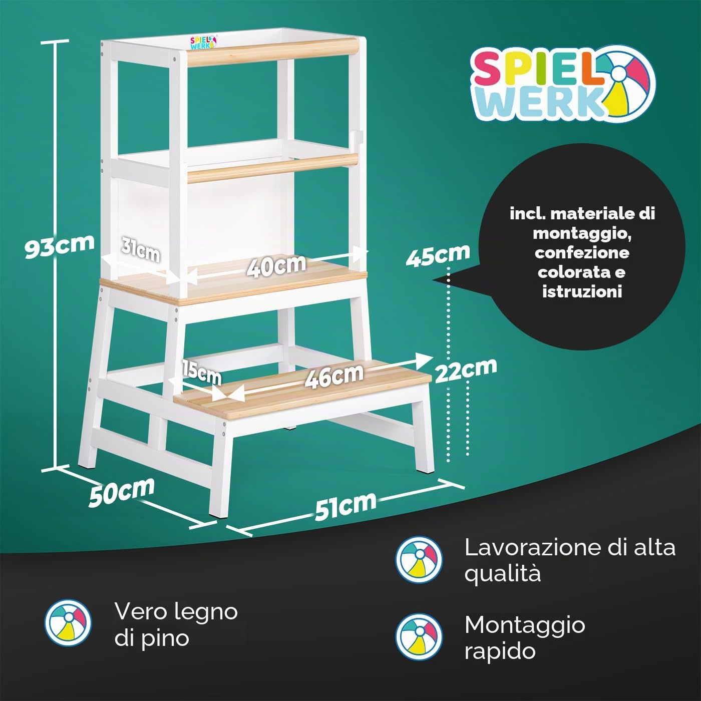 Spielwerk Torre Montessoriana Learning Tower in Legno 50x51x93 cm per Bambini da 2 Anni
