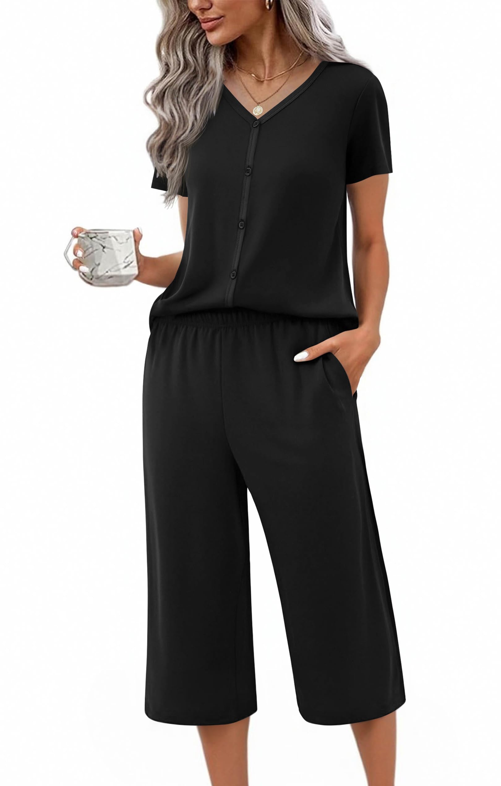Ekouaer Womens Pajama Sets Short Sleeve Sleepwear Button Up Pj Loungewear Top and Capri Pants with Pockets