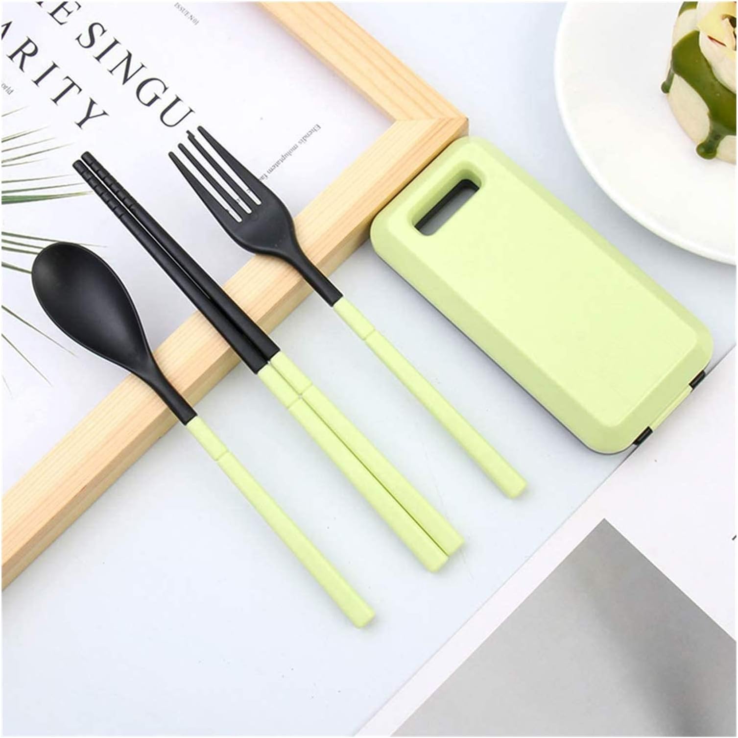 Plastic Chopsticks + Fork + Spoon Set - Surface Polishing Anti-Slip Texture Design Wear-Resistant and Durable Foldable Reusable Chopsticks for Home Green Chopsticks WYYHYPY (Size : Green)