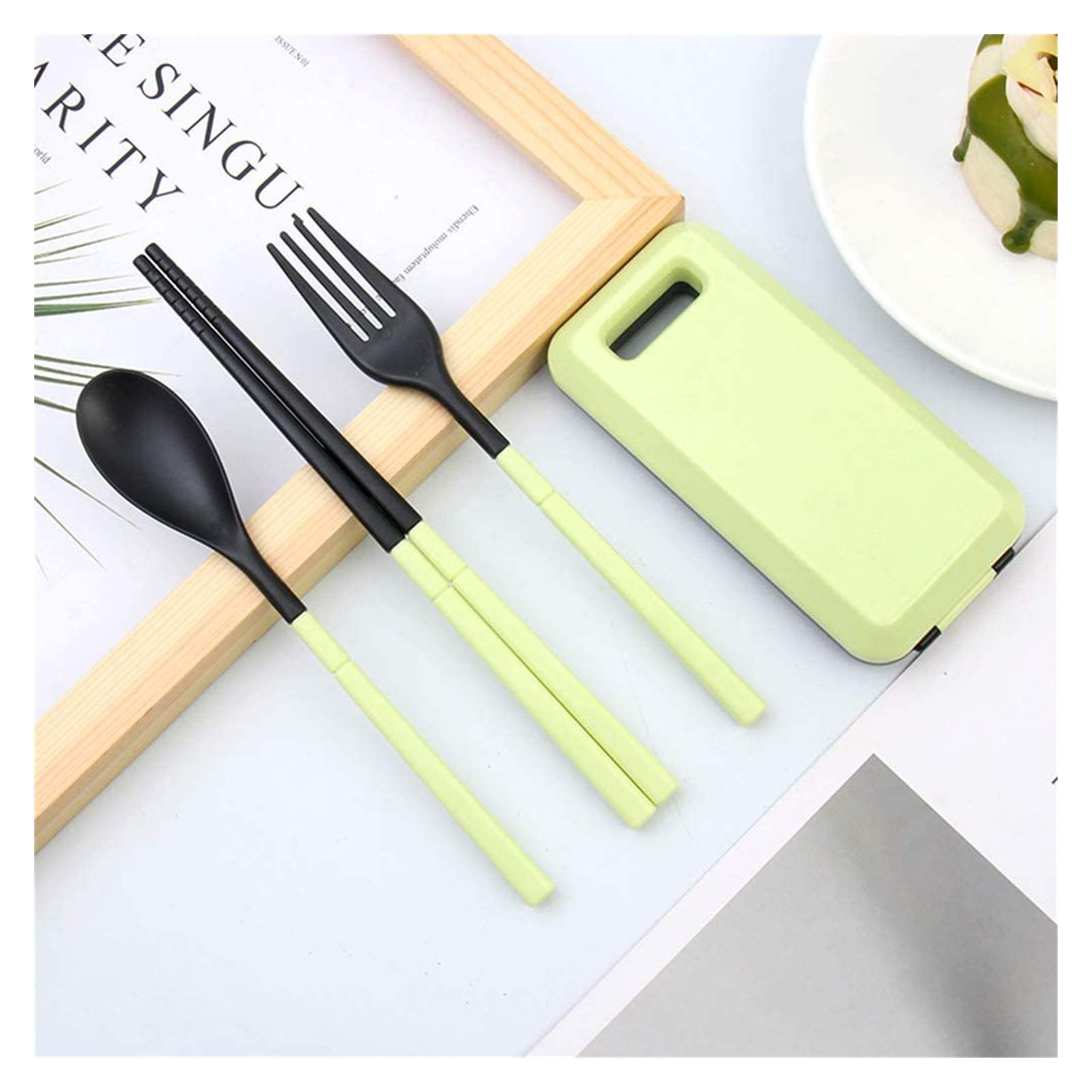 Plastic Chopsticks + Fork + Spoon Set - Surface Polishing Anti-Slip Texture Design Wear-Resistant and Durable Foldable Reusable Chopsticks for Home Green Chopsticks WYYHYPY (Size : Green)