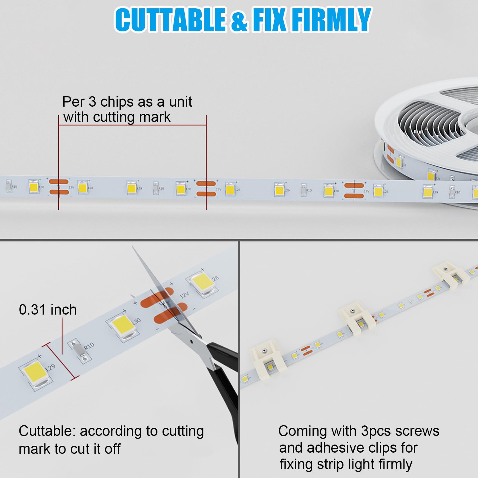 Striscia LED con sensore di movimento da 5 m, striscia luminosa a LED con luce diurna o notturna, 2 modalità di illuminazione, 3 modalità di spegnimento, 12 V plugin bianco nastro luce per sotto