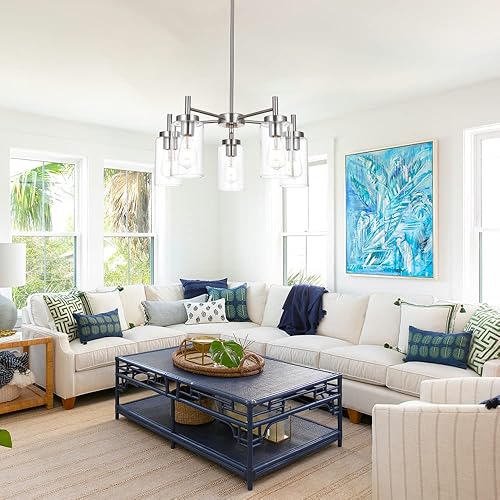 Miniatura 2 de VINLUZ Lámparas contemporáneas de 5 luces grandes, modernas de cristal transparente, iluminación colgante, níquel pulido cepillado, accesorios de
