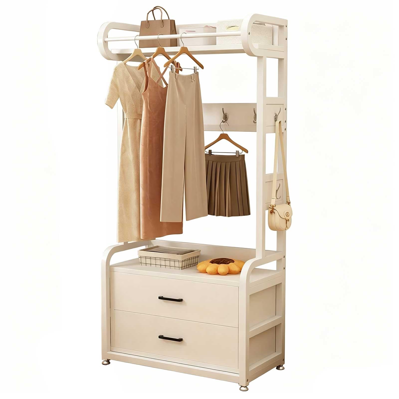 KIBONCY Freestanding Clothing Rack with 2 Drawers & Hooks, Wood Top Garment Rack with Storage Shelf for Bedroom, Entryway, Closet(C,80CM)