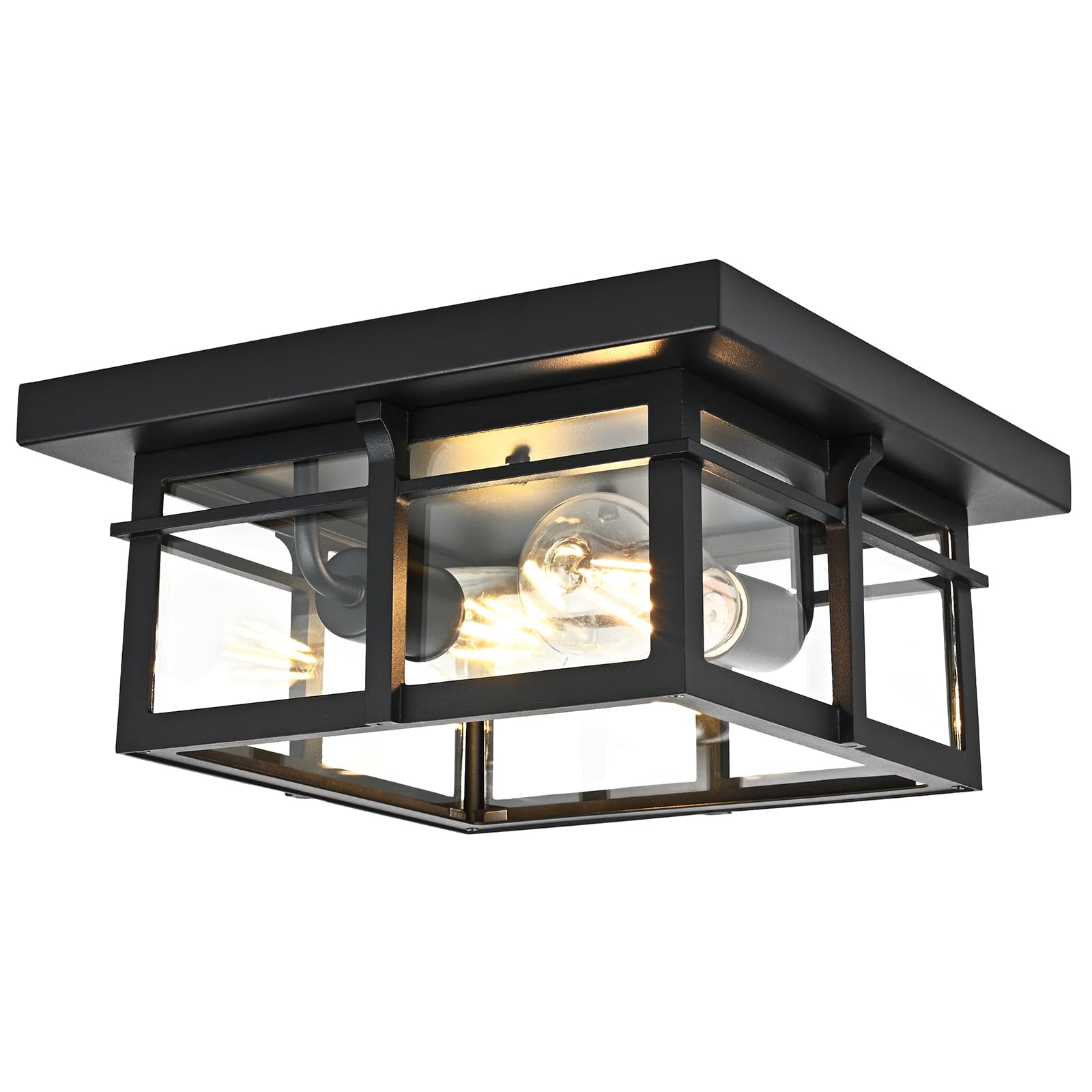 odorpower Farmhouse Ceiling Light Fixture Black 2-Light with Clear Glass, Square Flush Mount Ceiling Light for Hallway Kitchen Bedroom Porch