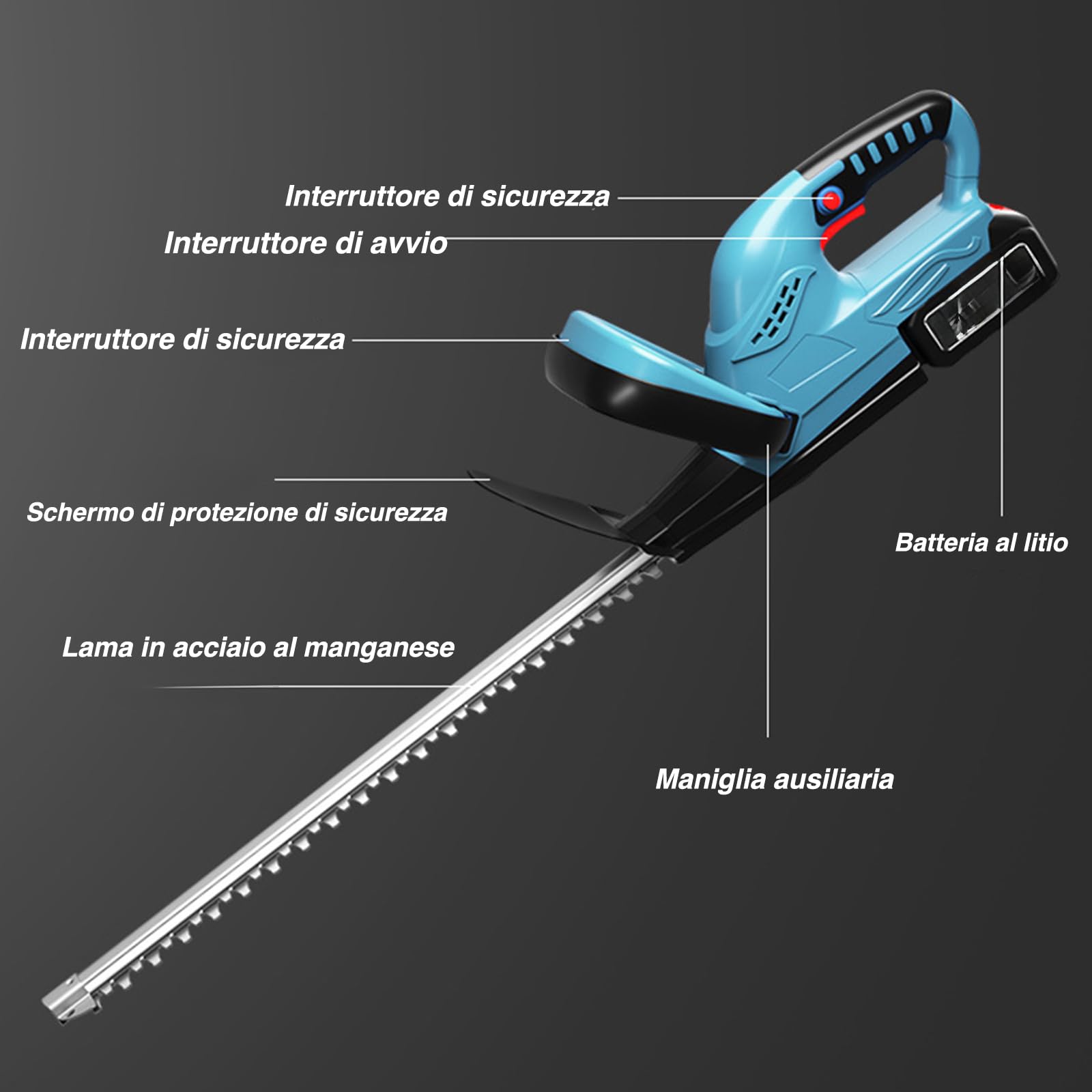 VOLTIX Cortasetos eléctrico a batería de 21 V, desbrozadora y cortabordes recargable de iones de litio, cuchillas de acero inoxidable, funda protectora y batería incluida, ideal para mantenimiento