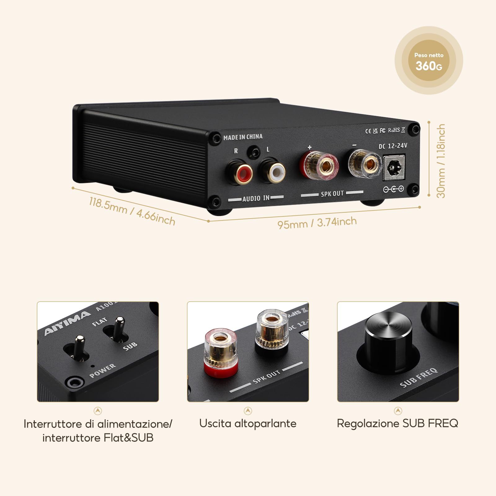 AIYIMA A1001 Mono amplificatore subwoofer amplificatore classe D HiFi Digital Power Amplificatore audio AMP 100W Home Theater with 24V power supply