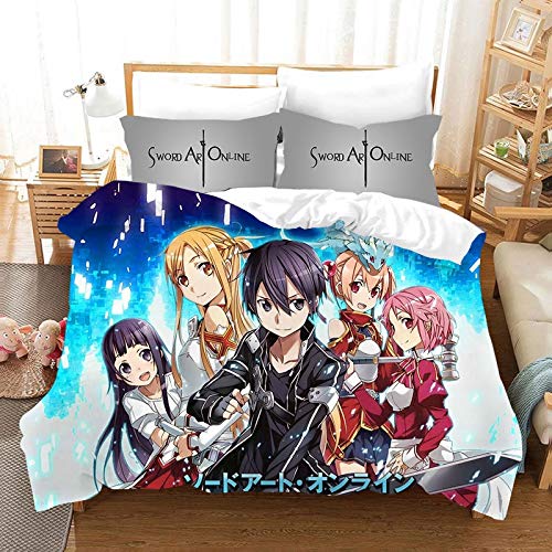 Ksainiy 3 Piezas de la Funda nórdica, 3D lecho Impreso Historieta, Animado Sword Art Online Ropa de Cama, de niños Animado Funda nórdica y Funda de Almohada, Incluyendo 1 Funda de edredón y Fundas de