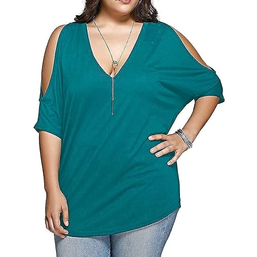ALLEGRACE Women Plus Size Tops V Neck Short Sleeve Batwing Top Cold Shoulder T Shirt