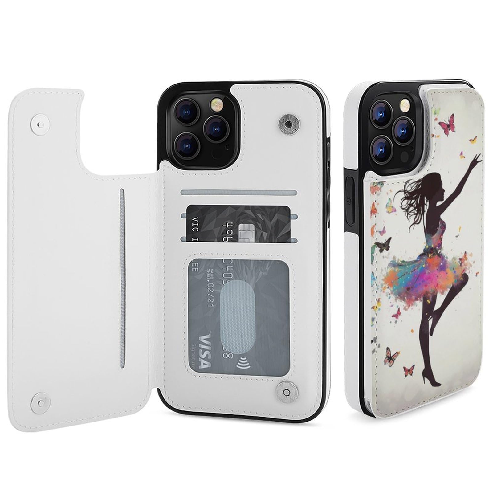 Funda tipo cartera para iPhone 12 Pro Max, diseño de mariposas y bailarinas, funda de piel con ranuras para tarjetas
