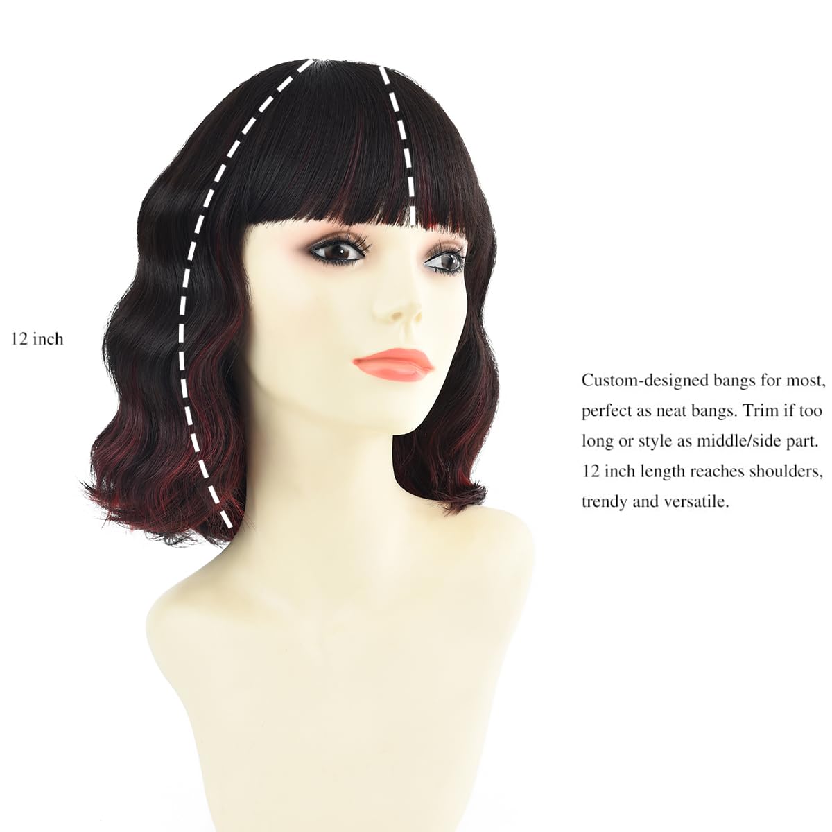 BUYOGET Wavy Bob Wig with Bangs Synthetic Hair Shoulder Length 12 Inch Short Curly Wigs for Women Red Mix Black - Image 3