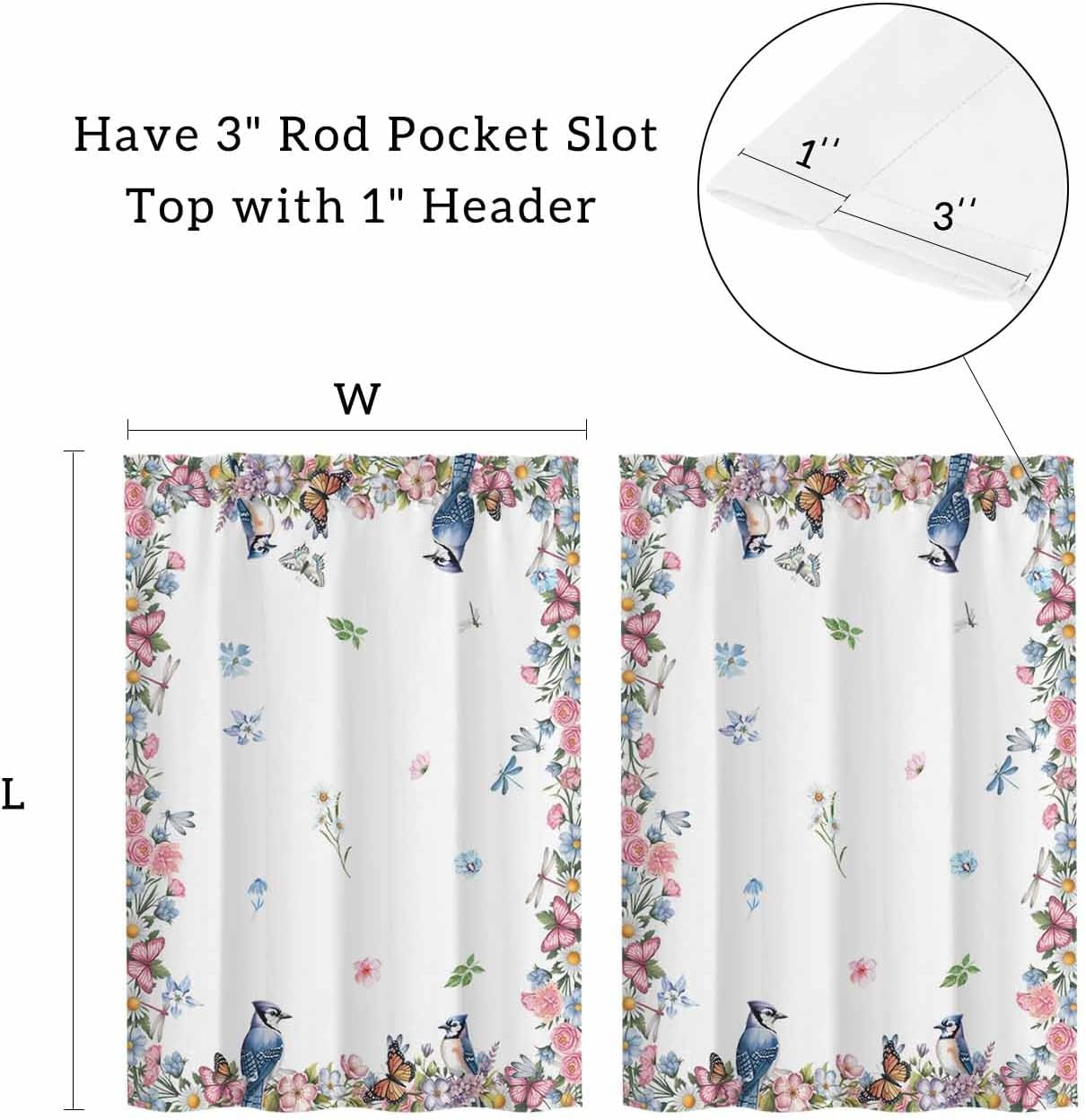 Spring Floral Kitchen Curtains - 36 Inch Length Kitchen Window Curtains Over Sink - Short Blackout Curtain for Windows - Watercolor Flower Butterflies Birds Plant Tiers Curtain for Bathroom 30"x36"