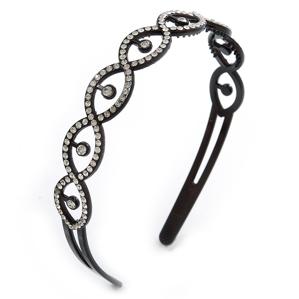 Cerchietto per capelli classico, largo, in acrilico nero con strass