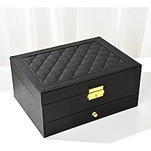 GUOER Jewelry Box for Women Girl Wife - Large PU Leather Jewelry Organizer Storage Case with Two Layers Display for Earrings Bracelets Rings Watches (Black)