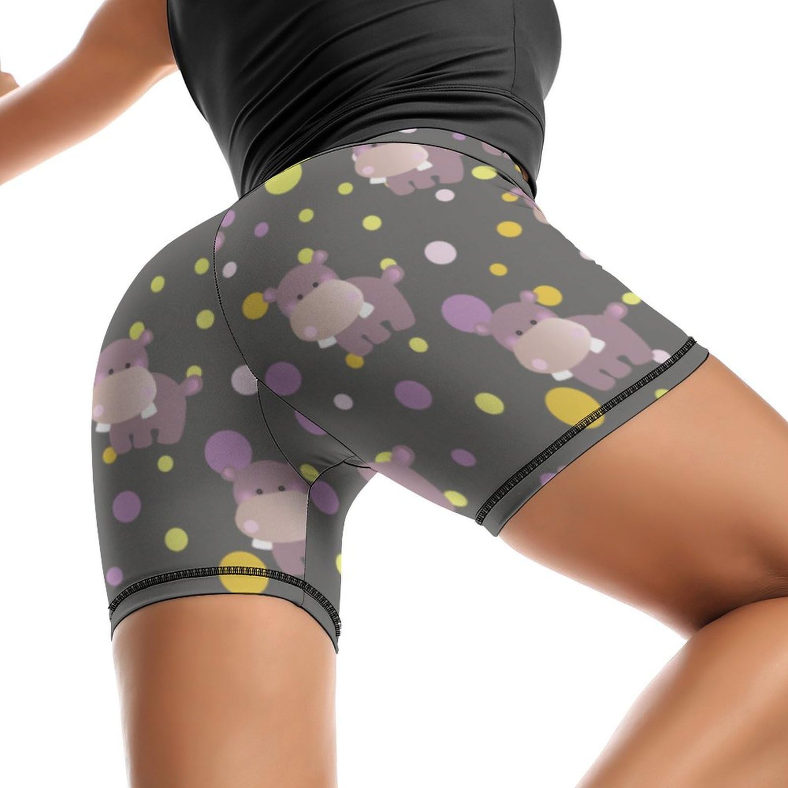 JYYAU Cute Cartoon Hippo Pattern High Waist Yoga Shorts for Women Athletic Shorts Leggings Running Pants Black