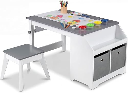 HONEY JOY Juego de mesa y silla de arte para niños, juego de actividades de artesanía de madera con rollo de papel, estante de almacenamiento,