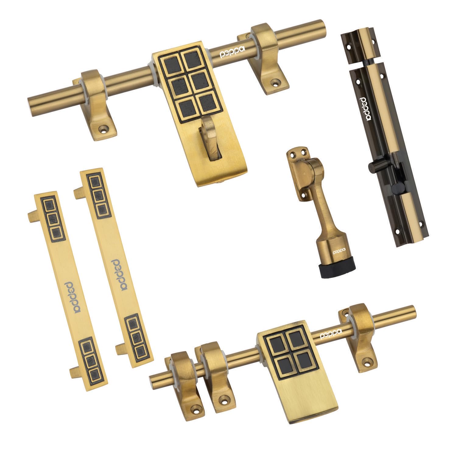 Peppa™ Premium Door Hardware Set: Front Aldrop, Back Latch, Handles, Tower Bolt, Door Stopper - Complete Home Security Solution Adjustable Latch (Brass, Aluminium) (B0D8JZ8H3B) Amazon Price History, Amazon Price Tracker