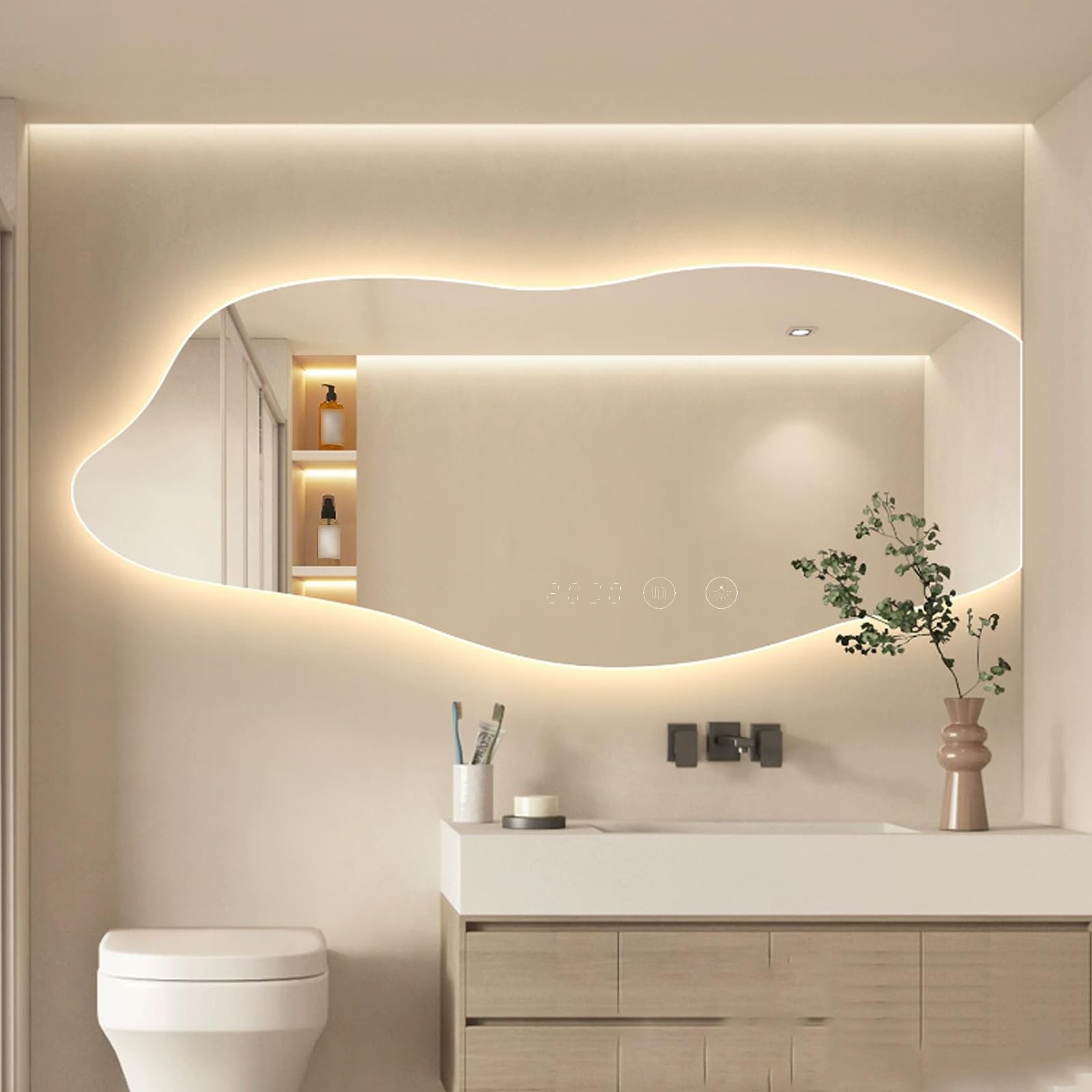 LIDANGUH Irregular led bathroom smart wall mirror Defogger, Multifunction Cloud Dimmable Vanity Mirror, Three-color light, Time and Temperature, Frameless,Backlight(Right,60 * 100cm/23.6 * 39.4in)