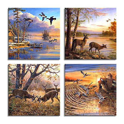 Arthome520 Yellow Fall Landscape Wild Duck Wall Art Wildlife Canvas Printed Oil Painting Home Decor Orange Animal Deer Picture For Living Room Modern Framed 4 Panel (12''X12''X4Pcs) #TOP1