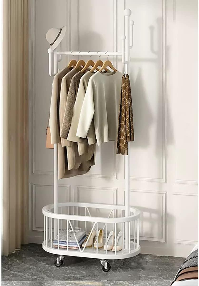 Porte-Manteau sur Pied Peu encombrant, Tringle à vêtements avec roulettes et Panier de Rangement, Charge maximale 200 kg, Porte-Manteau pour Chambre à Coucher, Salon(Size:60cm,Color:Blanc)