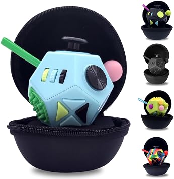 PILPOC theFube Fidget Cube with 12 Sides - Handy Anxiety Toys for Kids and Adults - Fidget Dice for Stress Relief & Focus - Anti Stress Cube for ADHD, ADD, with Carry Case Light Blue & Mix
