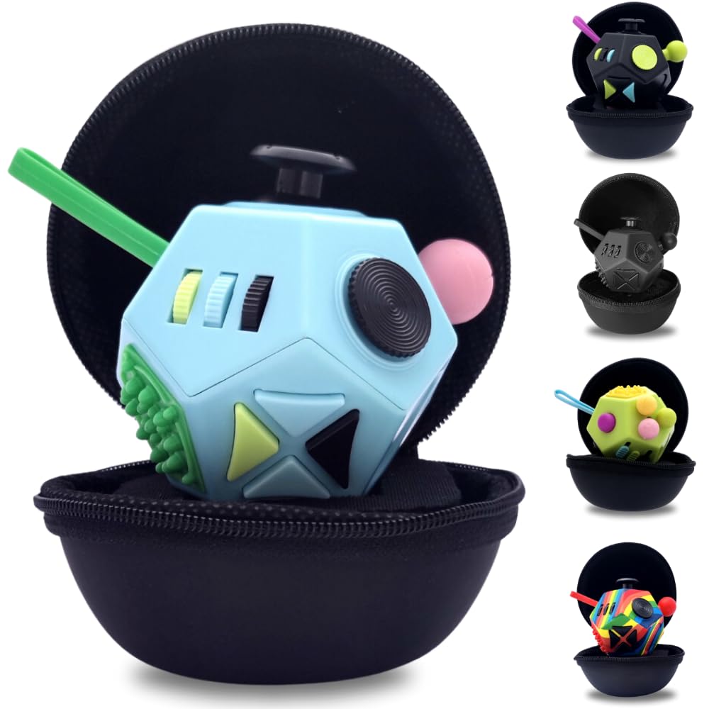PILPOC theFube Fidget Cube with 12 Sides - Handy Anxiety Toys for Kids and Adults - Fidget Dice for Stress Relief & Focus - Anti Stress Cube for ADHD, ADD, with Carry Case (Light Blue & Mix)