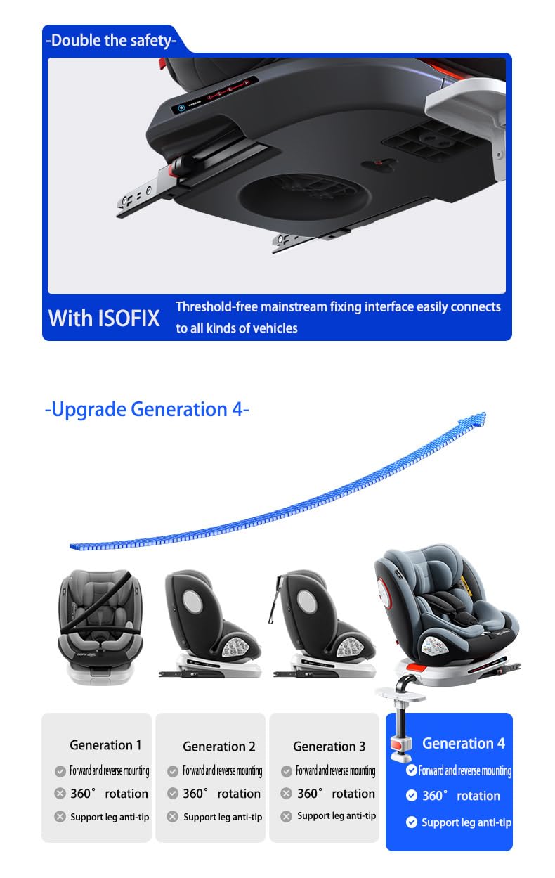 Silla de Auto Giratoria De 360° con Reposacabezas Ajustable, Asiento de Bebé Ajustable Multifunción, Funda de Tela Extraíble para El Asiento, Capota y Reposapiés (Black High Version)