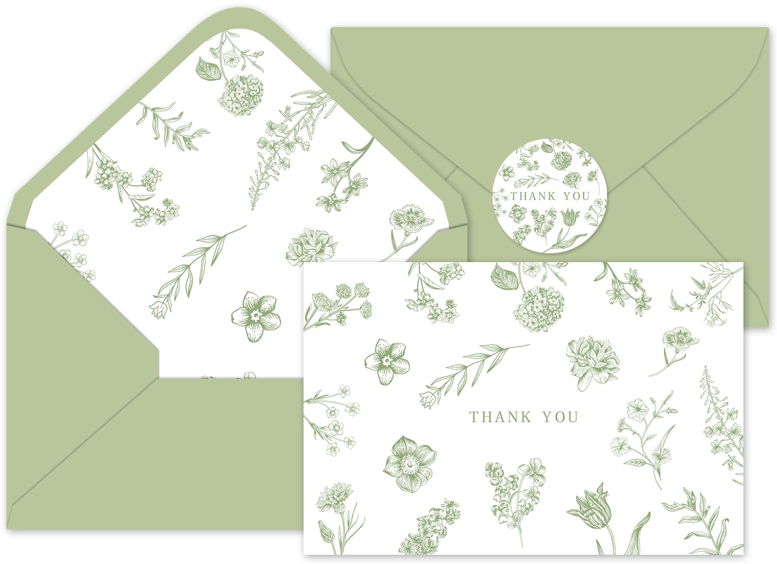 Whaline 36Pcs Sage Green Floral Thank You Cards with Envelopes and Stickers Green Greeting Cards Blank Note Card for Weddings Bridal Shower Baby