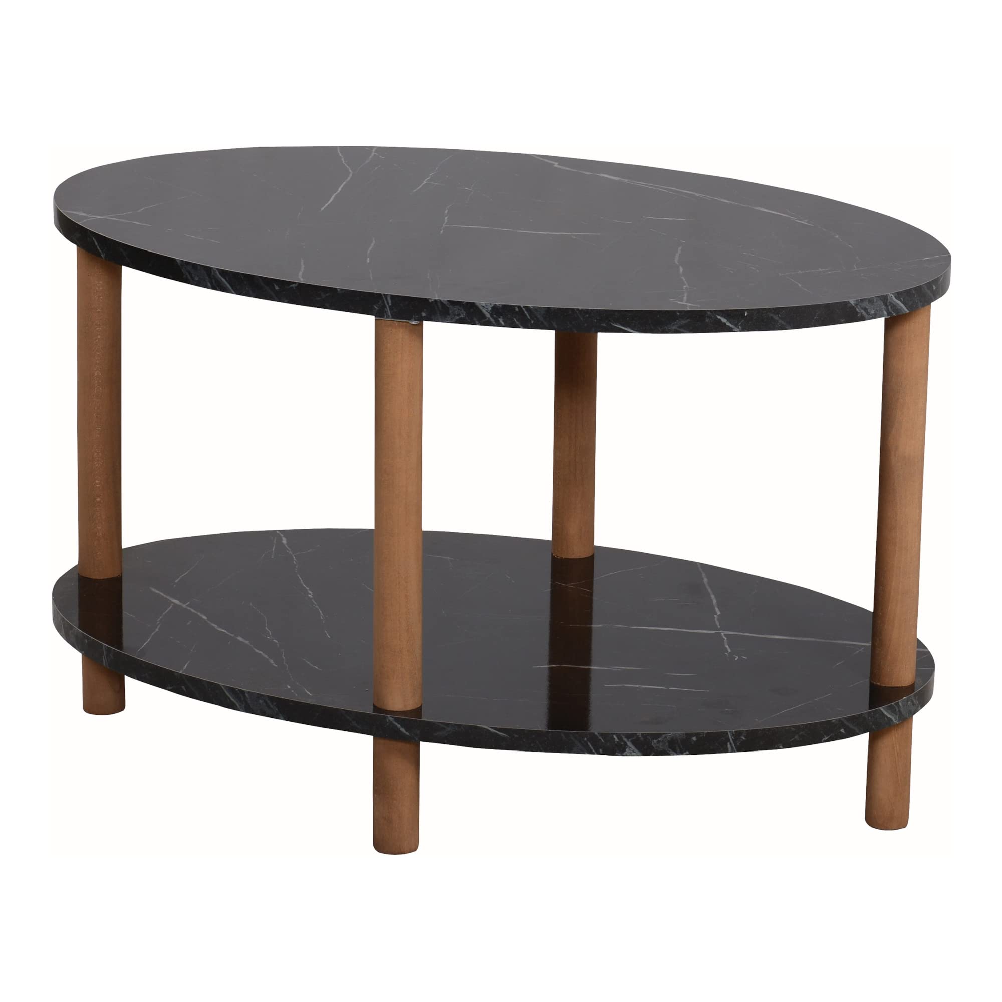 [en.casa] Mesa de Centro Ovalada Højreby con Estante y 4 Patas Mesa Auxiliar Mueble de Salón Oficina Aglomerado/Madera de Haya 43 x 70 x 44 cm - Efecto mármol, Negro
