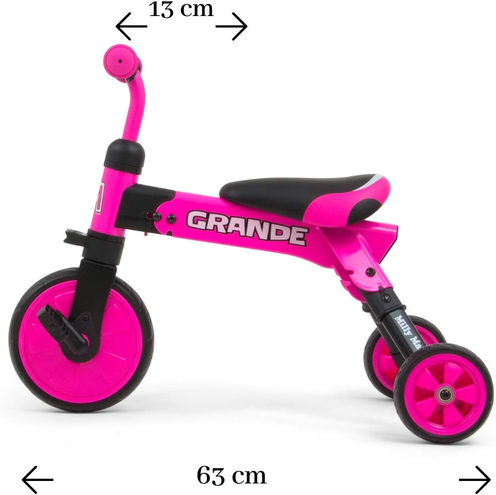 옆 view of the Milly Mally Grande tricycle with dimensions indicated: 63 cm total length and 13 cm handlebar width.