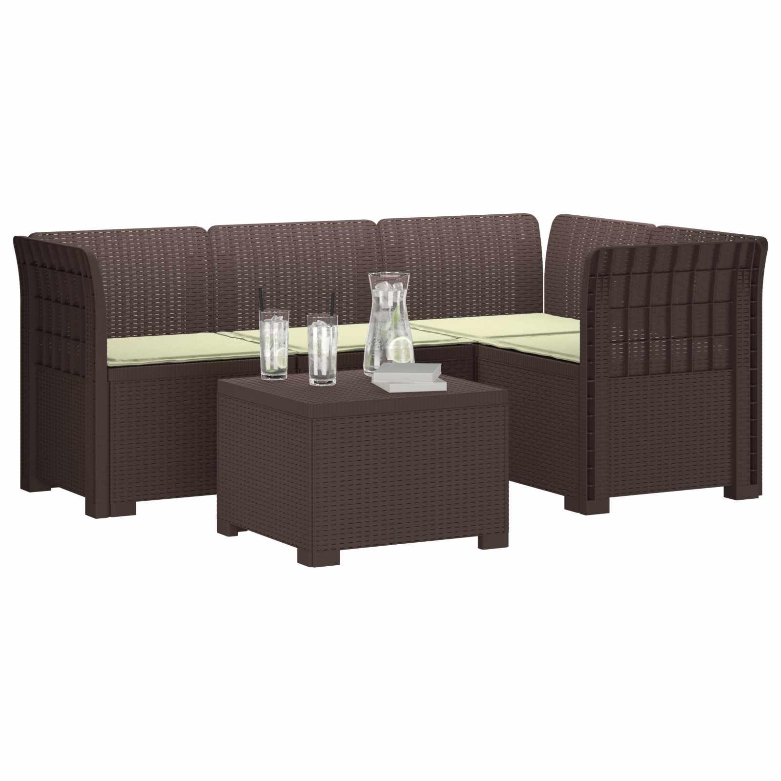 4-osobowa sofa ogrodowa z poduszkami, polipropylen, brązowa, wygląd rattanu, odporna na warunki atmosferyczne, modułowa, możliwość rozszerzenia, na taras, balkon, do relaksu i relaksu na