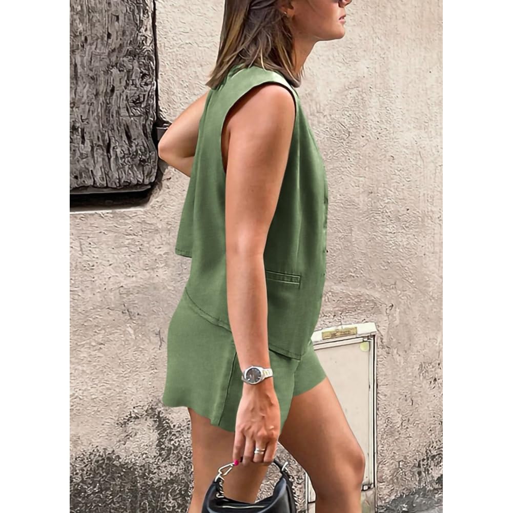 Combinaison d'été deux pièces pour femme, gilet sans manches col en V boutonné, short deux pièces pour femme