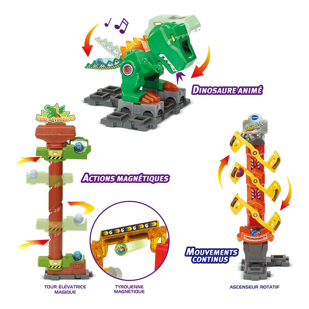 VTech - Marble Rush, Circuit à Billes Électronique Dino Adventure Magnetic Set XL400E, Jeu de Construction Magnétique Dinosaure, 100 Pièces, 10 Billes, Cadeau Enfant Dès 4 Ans - Contenu en Français