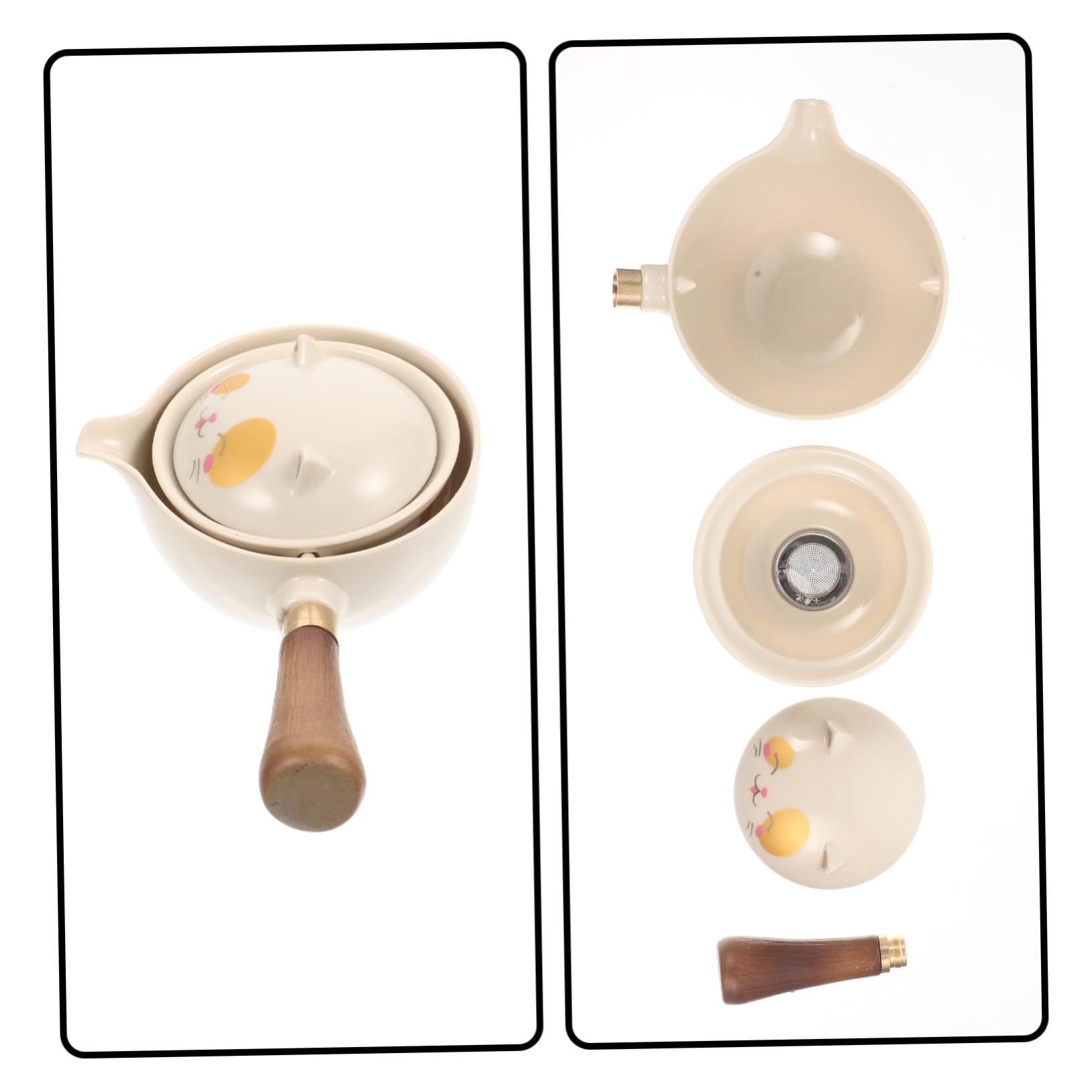 Teiera Tradizionale Cinese in Ceramica Resistente al Calore con Manico Laterale e Filtro Integrato Rotante per Infusione Kung Fu Design Elegante con Motivo Gatto della Fortuna