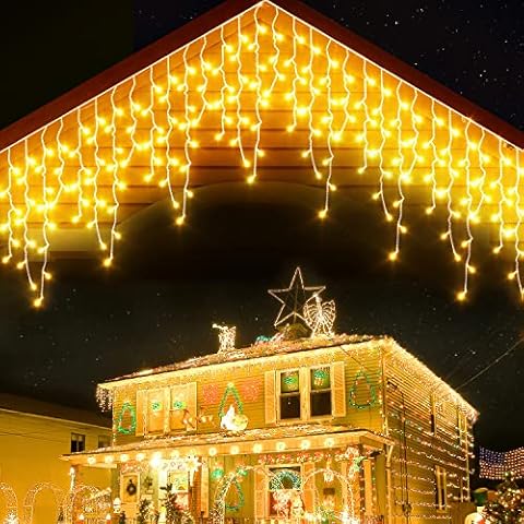 Koicaxy Christmas Lights Outdoor Decorations, 400 LED 10M/33ft 8 Modes Icicle Lights Curtain String Lights with Timer, LED Fairy Light Indoor Decor for Wedding Party Holiday Christmas (Warm White) Cover
