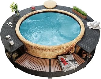 Round Spa Surround Poly Rattan, Outdoor Massage Hot Tub Frame with Solid Acacia Wood Steps and Storage Compartment for Garden Backyard Swimming Pool Surround 111.4"x111.4"x21.7"/Black -AA