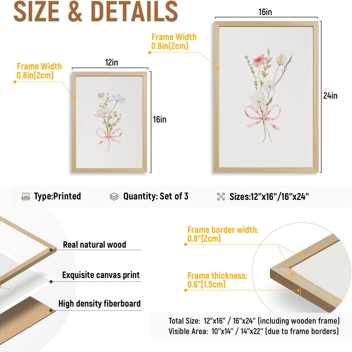 Msziryn Wood Framed Pink Floral Wall Art Set of 3, Coquette Bow Botanical Poster Print, Soft Pastel Wildflower Decor, Minimalist Cottagecore Flower Artwork for Bedroom Bathroom Nursery 12x16 Inch