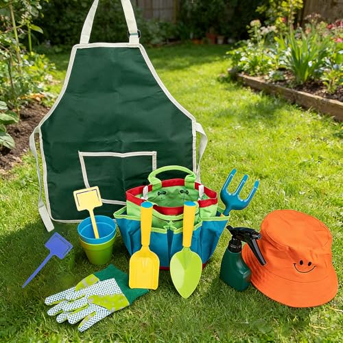 Image of Pink Wheelbarrow for Kids with 12 PCS Toddler Gardening Tool Set(Pink Set) | Apron,Gloves,Hat,Flower Pot,Bag,Label,Watering Sprayer,Pointed Shovel,Square Shovel,Rake