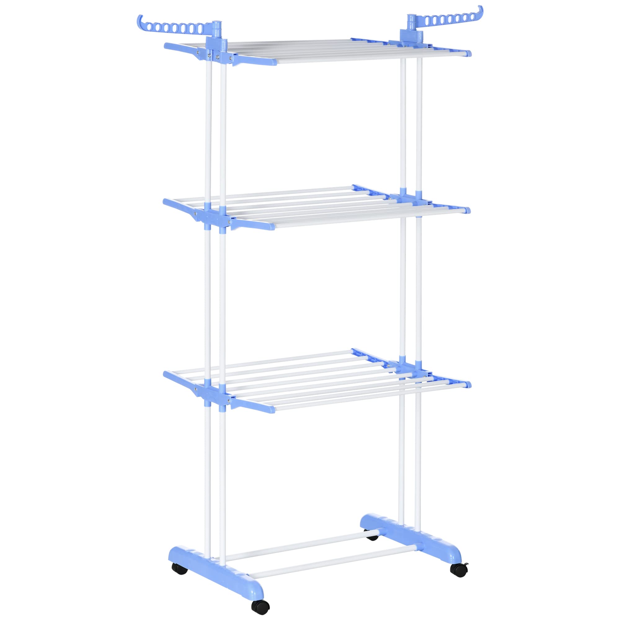 HOMCOM 4-Tier Clothes Airer, Foldable Clothes Horse with Wings and Wheels, Steel Garment Laundry Rack for Indoor and Outdoor Use, Blue