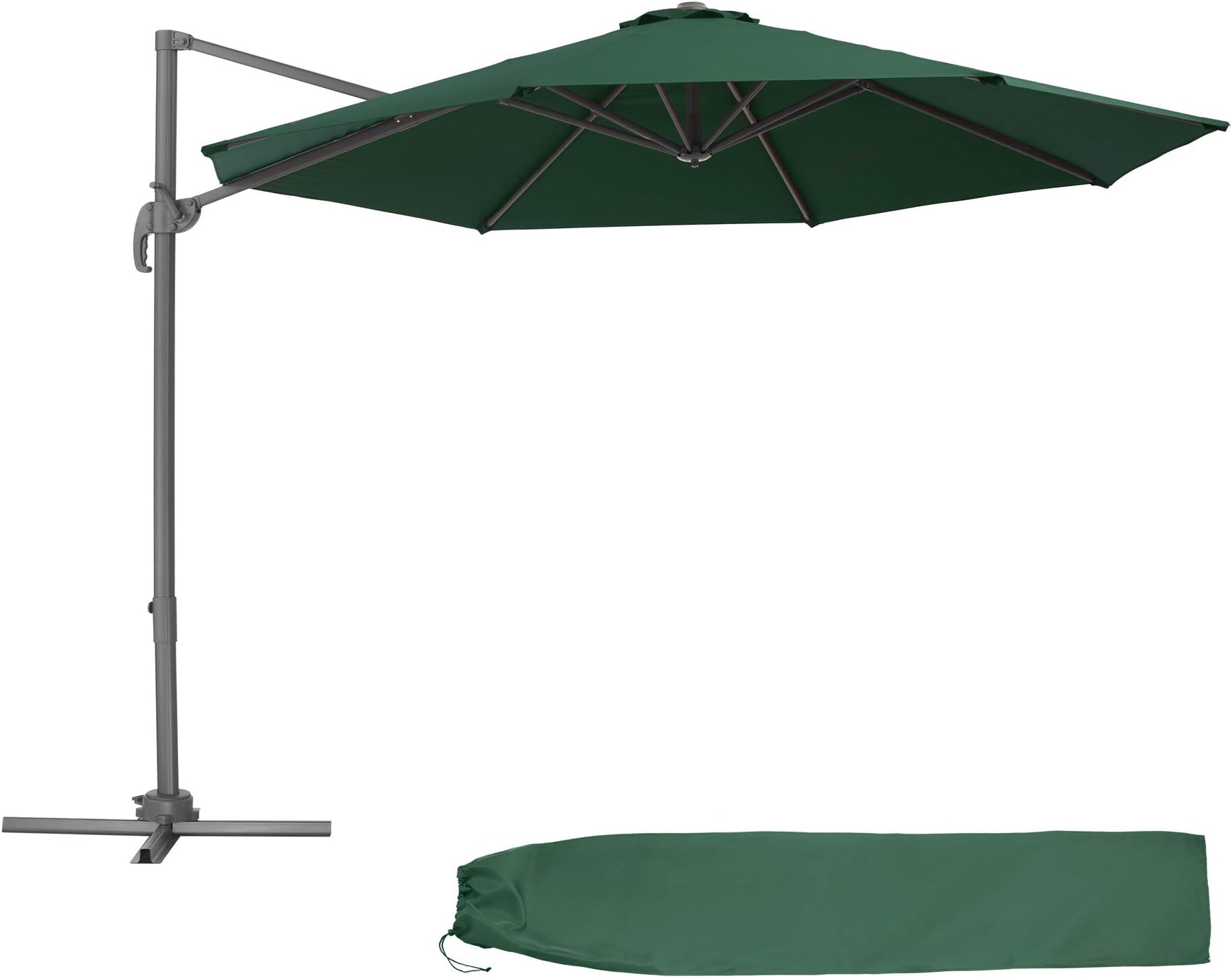tectake® Cantilever Garden Parasol 3m with 50+ UV Protection, Water-Repellent Fabric, 360 Degree Rotation, 6 Tilting Angles, Hand Crank - Sun Umbrella Inc. Protective Cover - for Outdoor Patio - Green