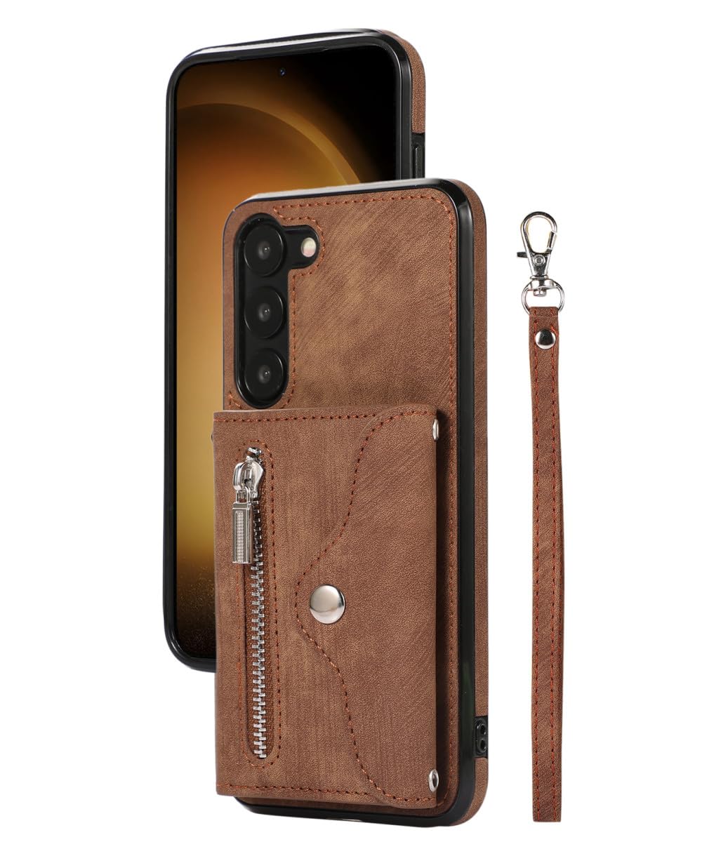 Cartera de Cuero con Cremallera y Cordón Largo Tarjetas Solt Funda para Samsung Galaxy A14 A54 A24 A34 A53 A52 S23 S22 S21 FE S20 Funda Cruzada, marrón, para Samsung S22