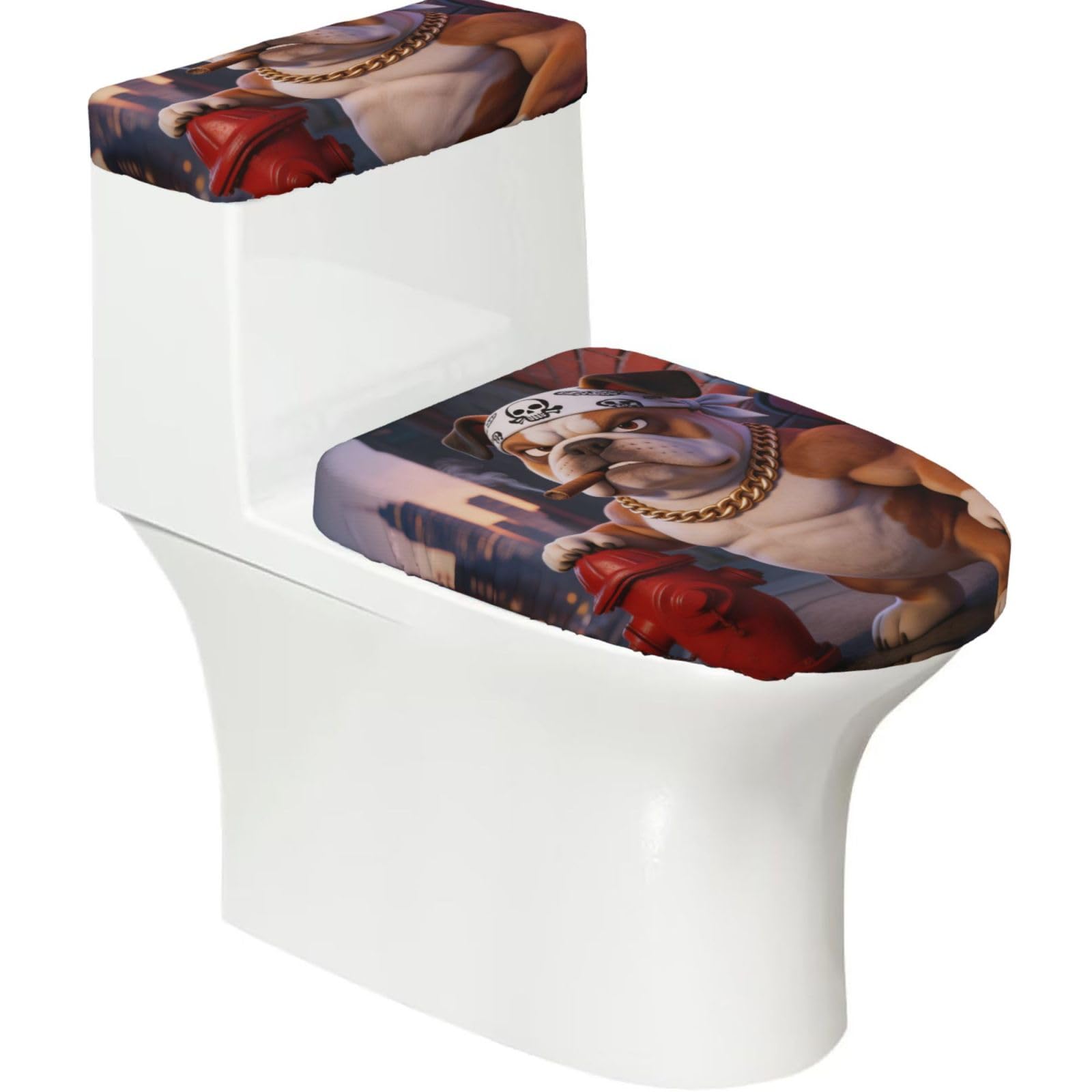 Cool Bulldog Elastic Toilet Cover Set of 2-Stretchy Lid and Tank Covers for Bathroom, Soft Washable U Shape Toilet Decor