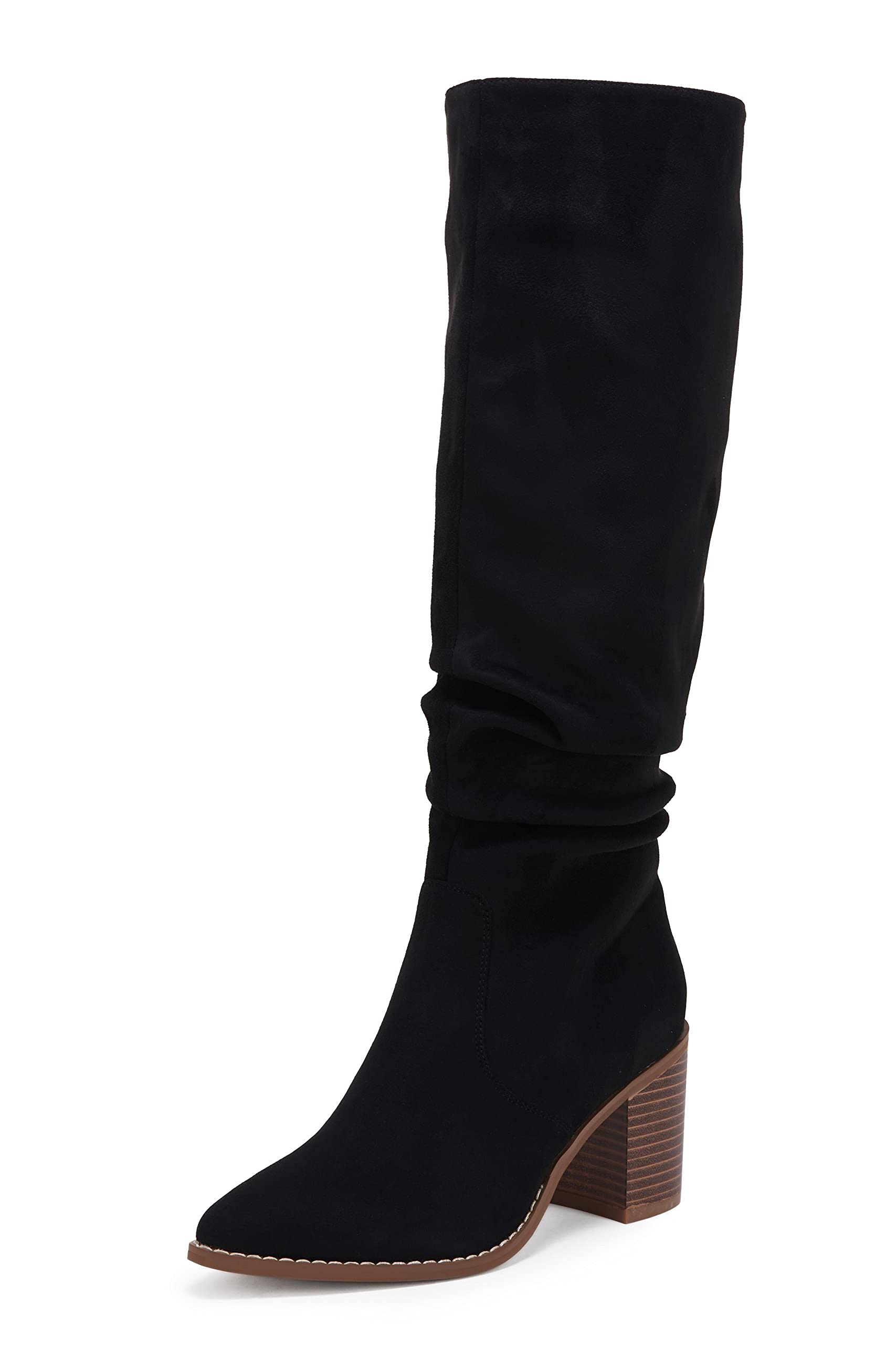 Huiyuzhi Womens Pointed Toe Mid Chunky Heel Side Zipper Knee High Boots Tall Booties