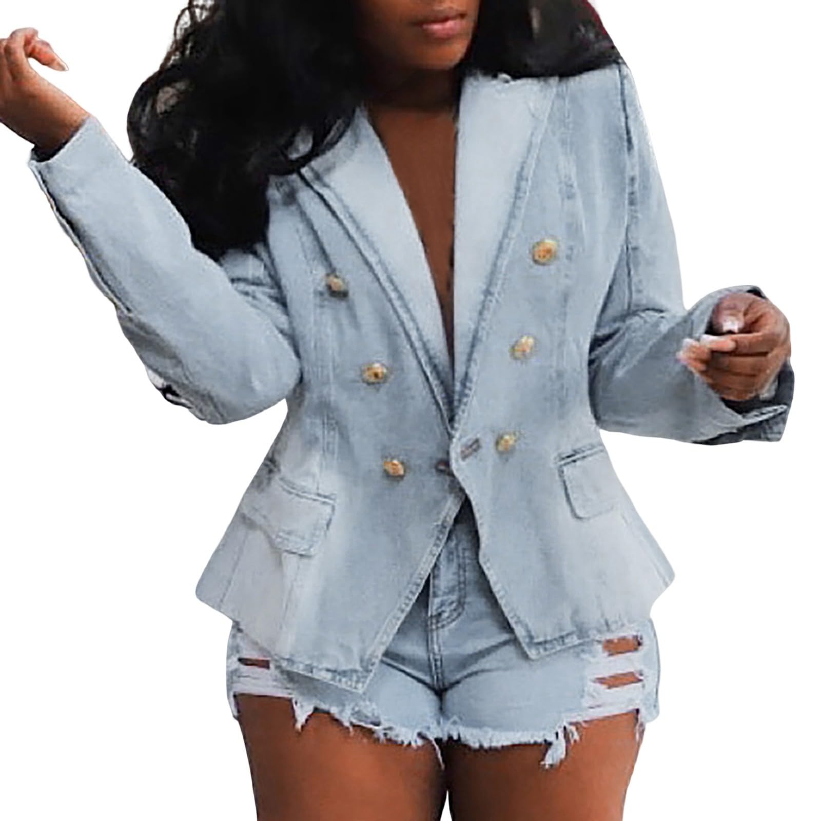 Blazer en jean décontracté à double boutonnage et col rabattu - 7