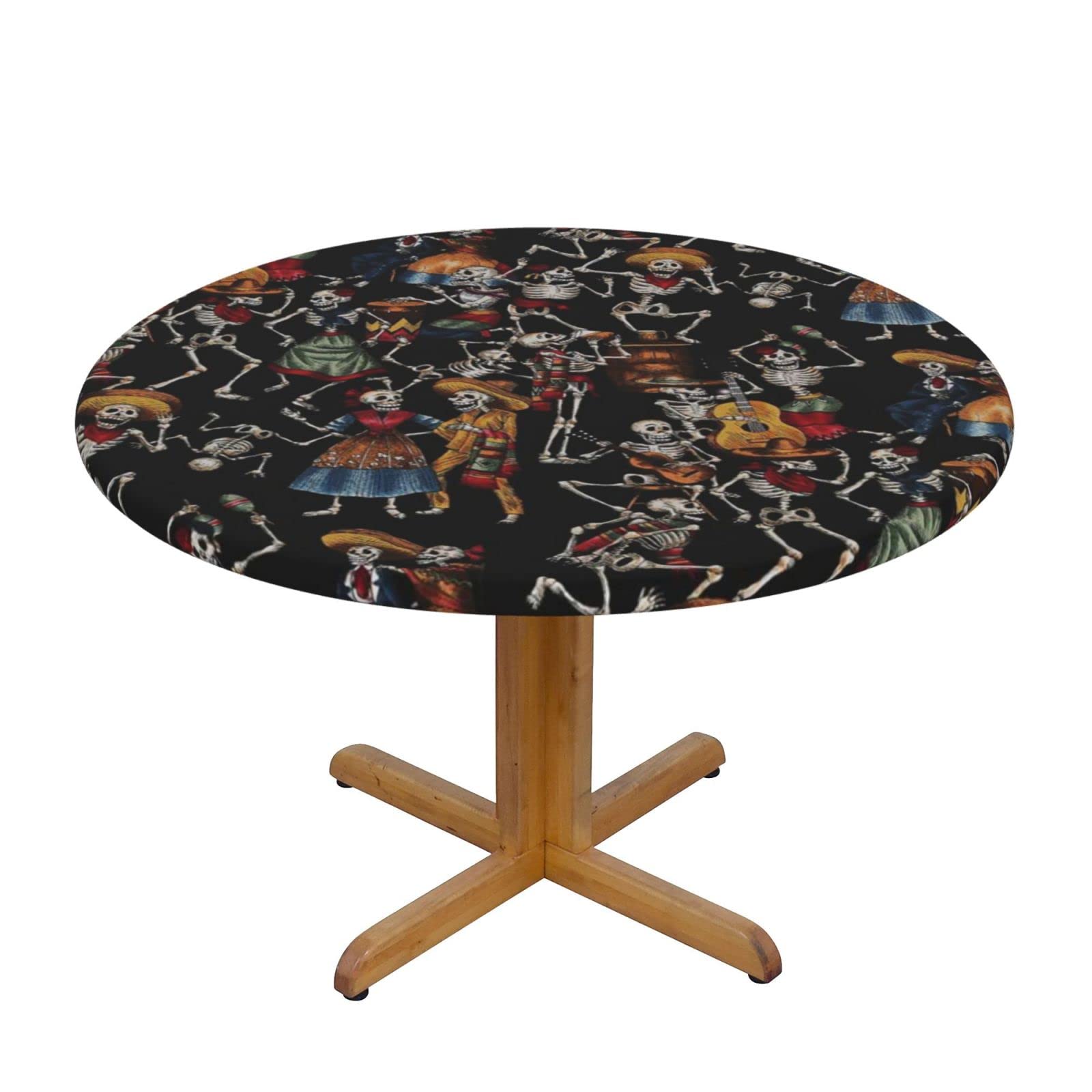 Lsjuee Round Fitted Tablecloth 40-44in Elastic Edged Table Cloth for Kitchen Dining Party Home Decor - Skeletons Celebrate Death Music Black
