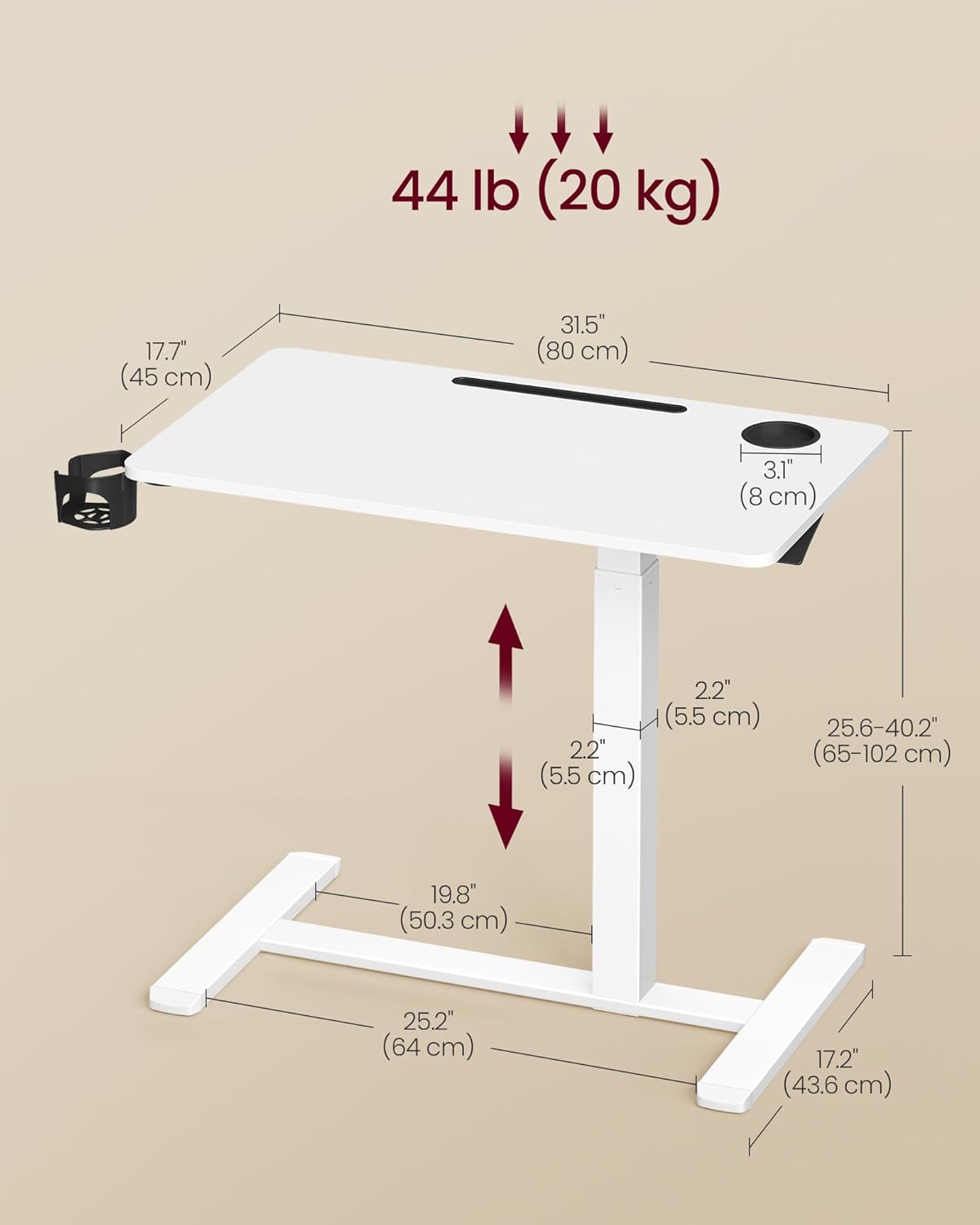 VASAGLE Overbed Table with Wheels, Mobile Standing Computer Desk, 31.5 x 17.7 Inches Tabletop, Adjustable Height, 2 Cup Holders, Phone and Tablet Slot, Cloud White ULSD601W01