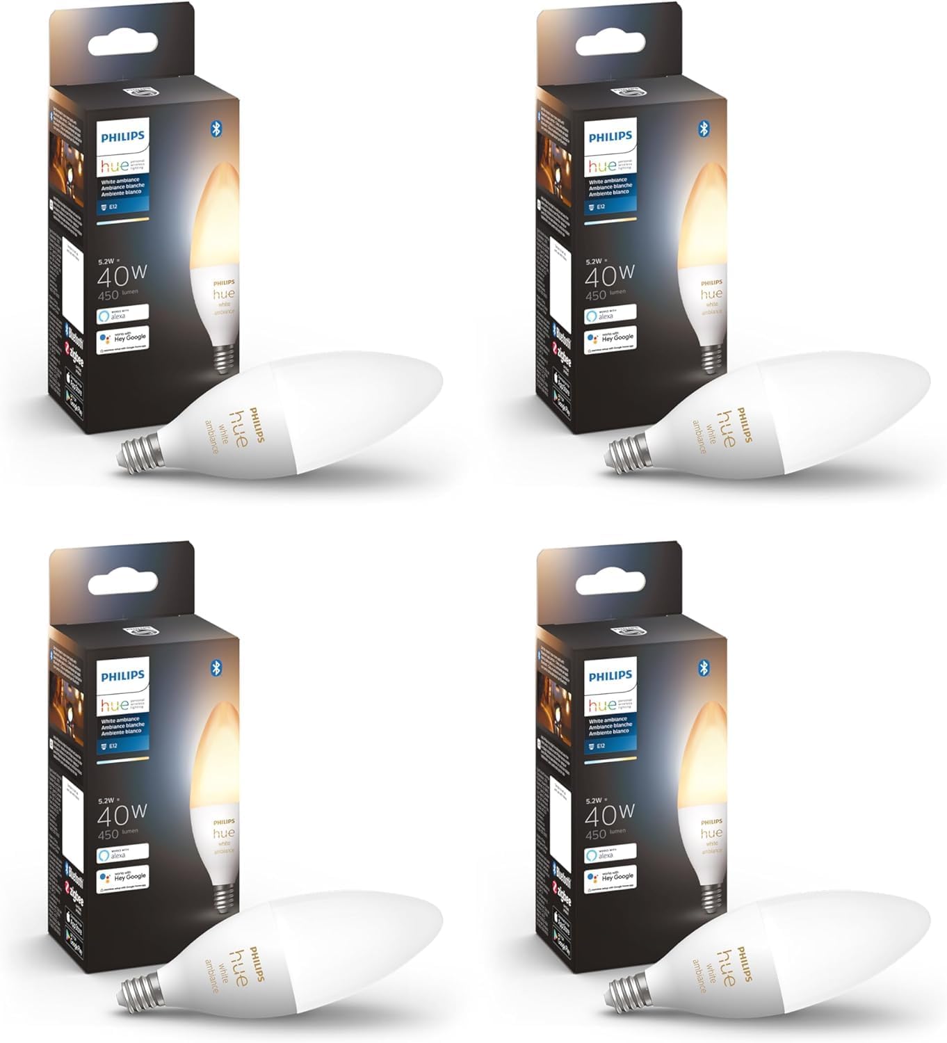 Philips Hue 40W B39 Candle-Shaped Smart LED Light Bulbs – Warm-to-Cool White Ambiance – 4 Pack – 450LM – E12 – Indoor – Control with Hue App – Compatible with Voice Assistants