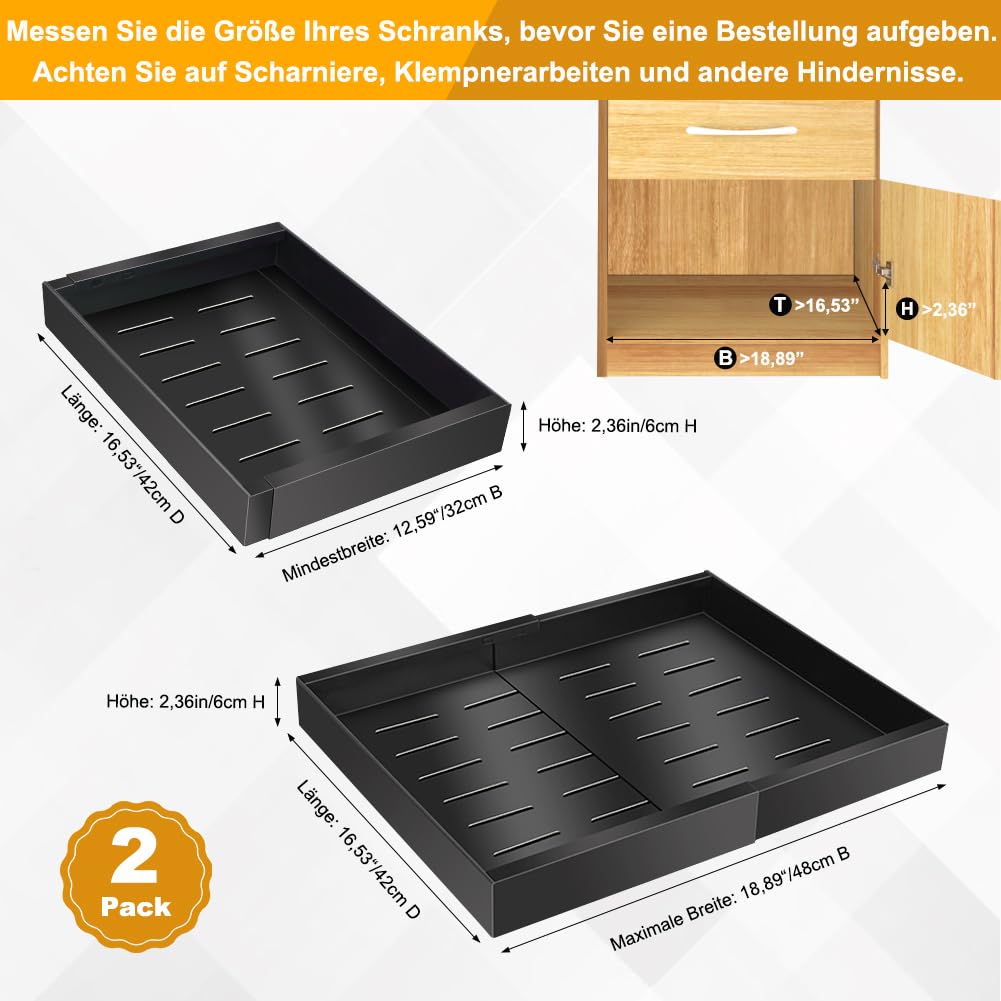 2 Stück Teleskopschublade, Ausziehbare Schublade, Küchenschrank Organizer | für Küchenschränke, Schubladen Aufbewahrungsregale (32–48 cm B x 42 cm T x 6 cm H), Kein Bohren und Nageln Erforderlich